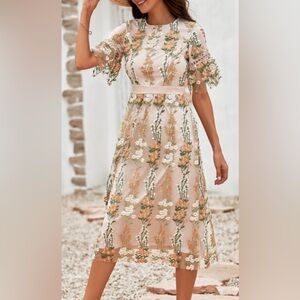 NEW floral round neck, short sleeve, embroidery, lined, midi dress